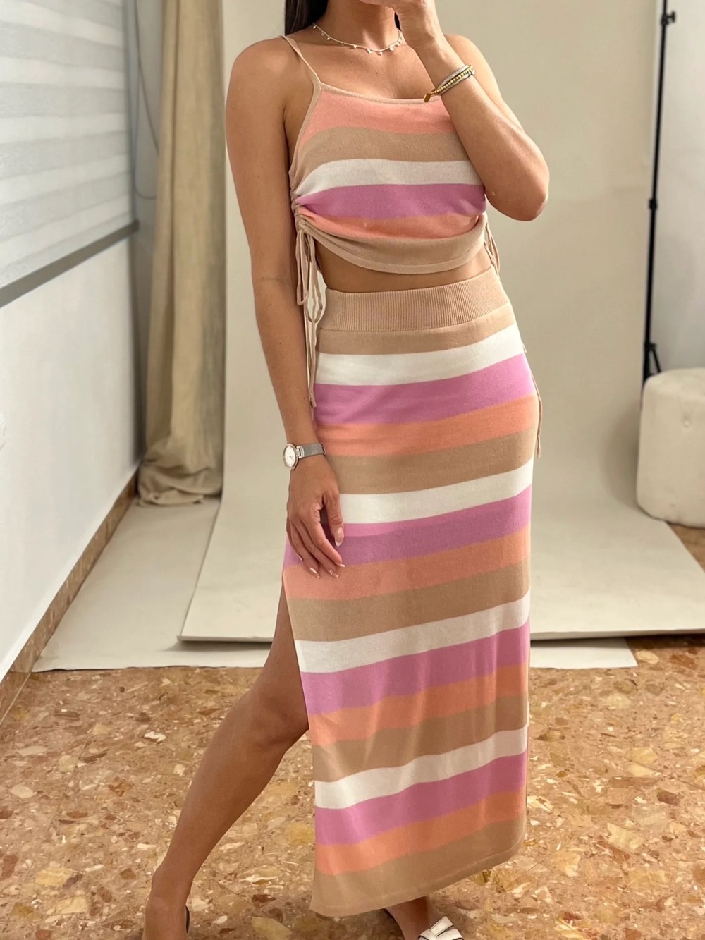 Pants Store Striped Pink and Tan Skirt Set Size Small